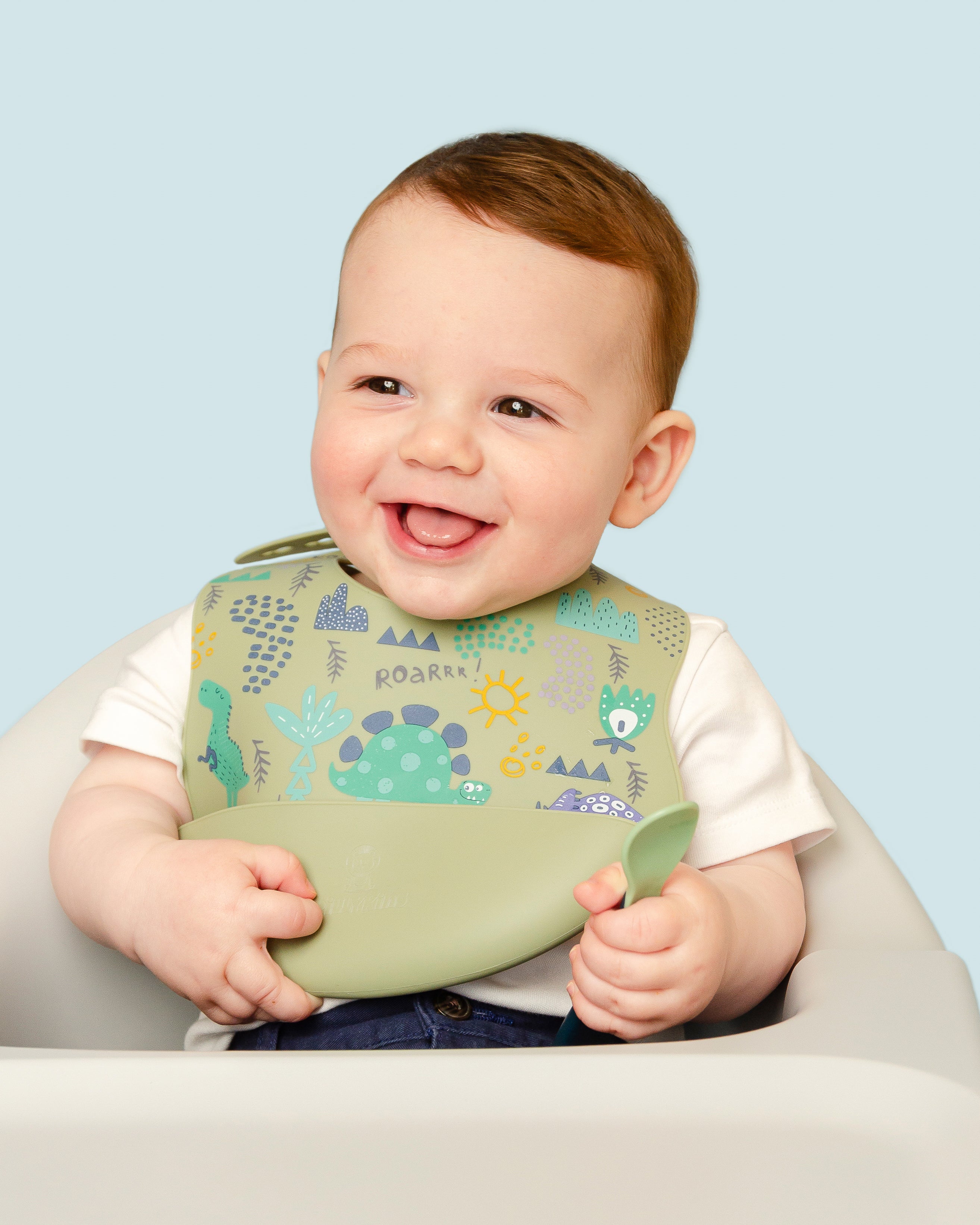 Dino Roar Silicone Baby Bib (Sage Green)